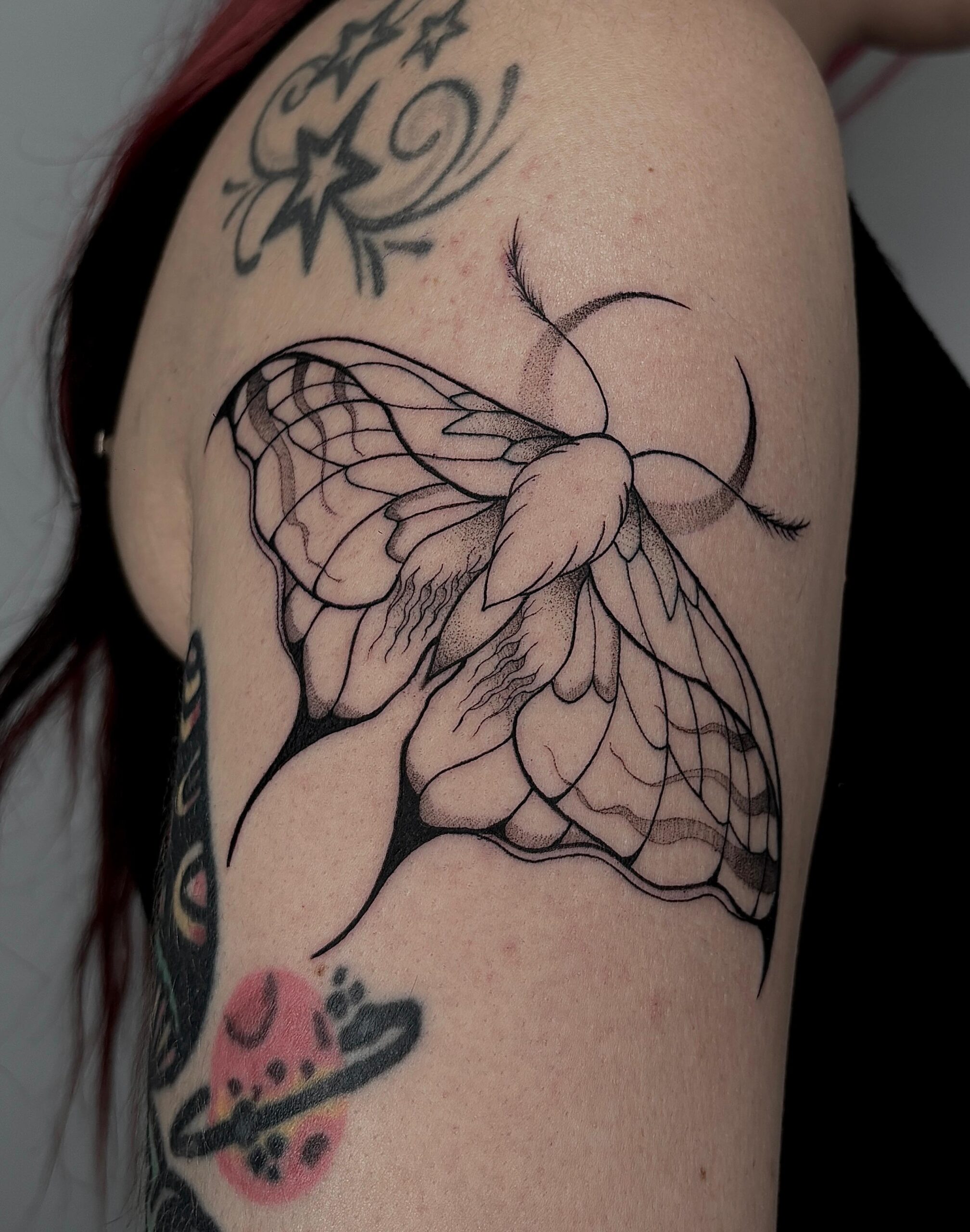 Tatuaje de polilla en línea con detalles de color en el brazo en Bilbao